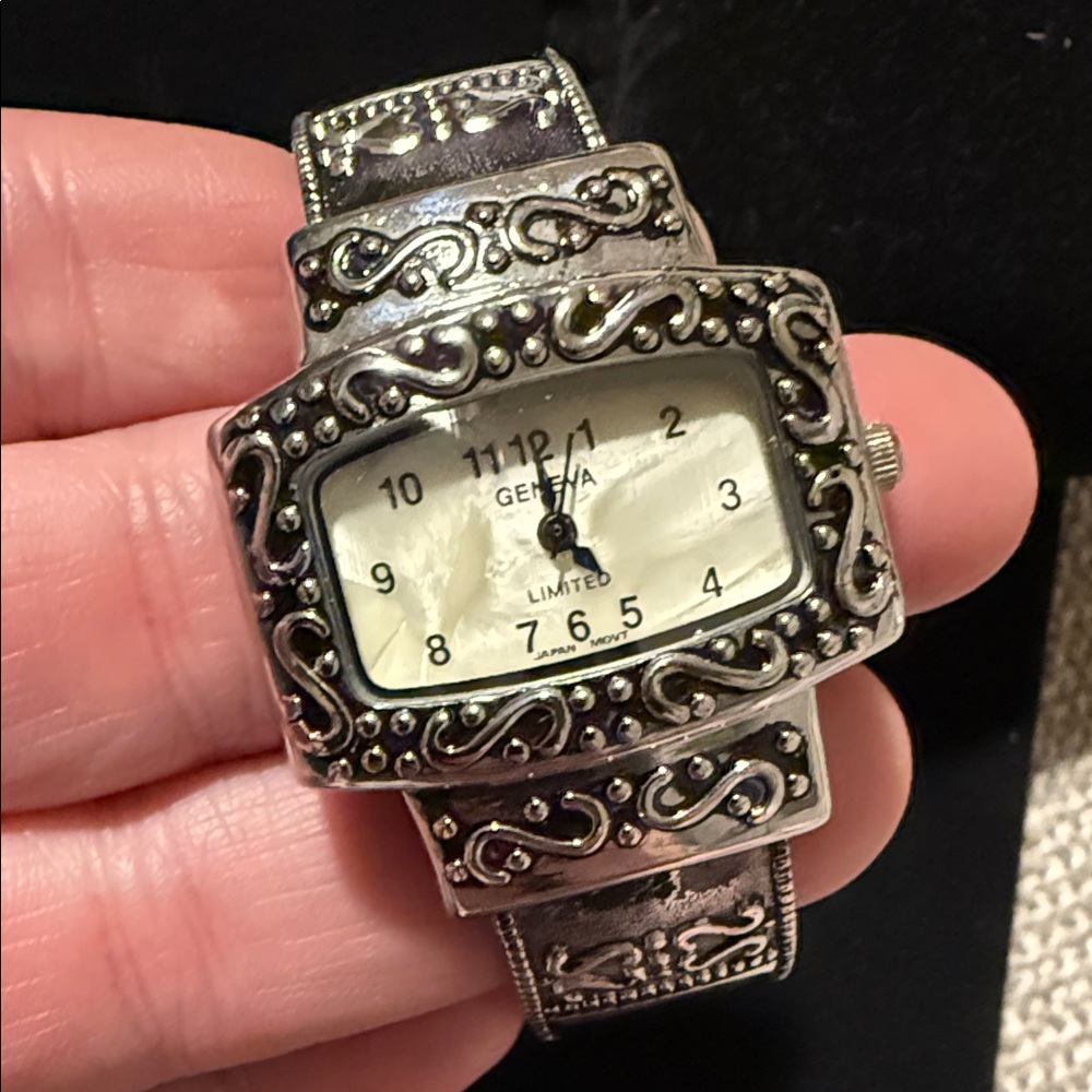 Geneva Silver Intricate Square Cuff Watch